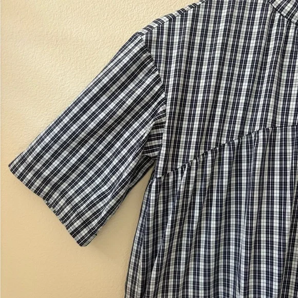 Everlane tiered mock neck dress in ice blue plaid. - Picture 4 of 6